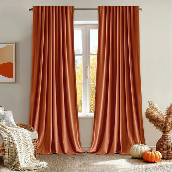 Fall Burnt Orange Velvet Curtains 84 Inches Long 2 Panels - Back Tab and Pleated Luxury Window Curtains for Bedroom Living Room Blackout Thermal Insulated Soft Drapes Terracotta Rust Decor