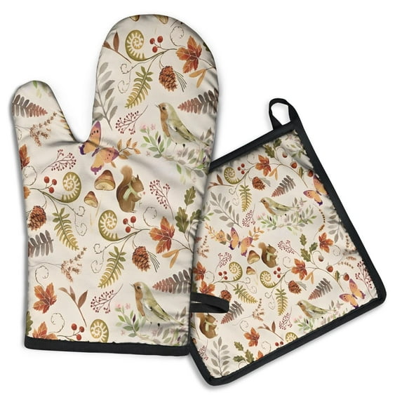 Fall Butterflies Squirrels Mushrooms Kitchen Oven Mitt and Pot Holder Sets 2 Pcs for Baking, Cooking and Grilling, Heat Resistant Up To 392 °F