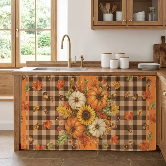 Fall Cabinet Curtains for Kitchen 32"W x 55"L, Rustic Farmhouse Orange Pumpkin Yellow Sunflower Gingham Pantry Curtain Skirt Magic Tape Short Curtains Decor Privacy Panel for Utility Closet Bathroom