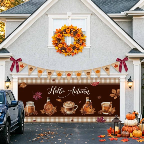Fall Cafe Garage Door Banner Covers, Hallo Autumn Thanksgiving Maple Leaf Plaid Brown Large Hanging Indoor/Outdoor Backdrop Background for Christmas Winter Party Decor, 6.9x16ft