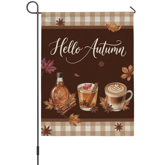 Fall Cafe Garden Flags For Outdoor, Hallo Autumn Thanksgiving Maple Leaf Plaid Brown Small Double Side Yard Flags Weather Proof Garden Decor for Lawn Outside Holiday 12 x 18 Inches