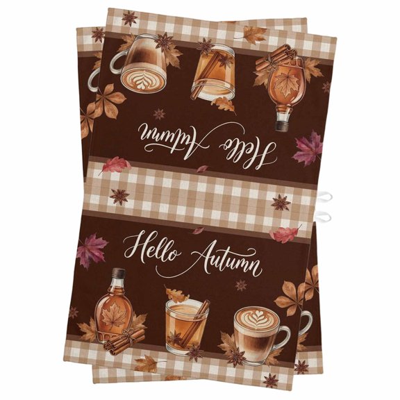 Fall Cafe Kitchen Towels Dish Towel Pack of 2 Hallo Autumn Thanksgiving Maple Leaf Plaid Brown Soft Dish Cloth Set Absorbent Dishcloth for Drying Dishes, Hand Towels 18 x 28 Inches