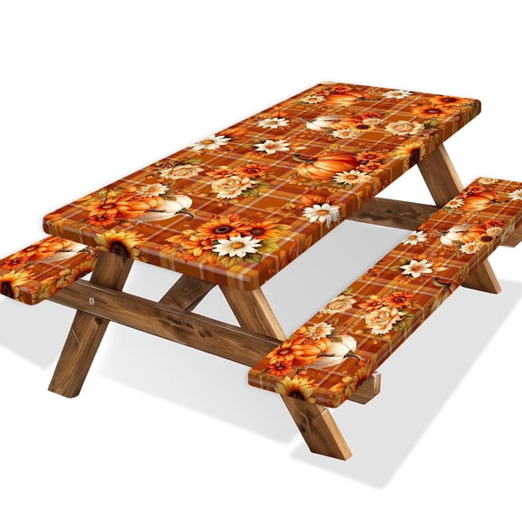 Fall Camping Picni Table Cover with Bench Covers and Bag, 6ft Fall Outdoor Fitted Picnic Table Cover Cloths with Elastic Edges for Patio Camping Essentials, Waterproof Camping Fitted Tablecloth