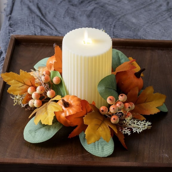 Fall Candle Ring 9.84 Inch Plastic Artificial Maple Leaf Pumpkin Wreath for Pillar Candles Halloween Thanksgiving Table Decor