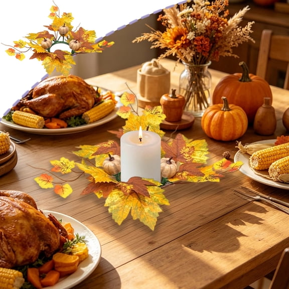 Fall Candle Ring, Thanksgiving Wreath for Candle Centerpieces, Pumpkin Maple Leaf Candle Rings for Tabletop, Autumn Pumpkin Decor for Front Door Porch Mantel