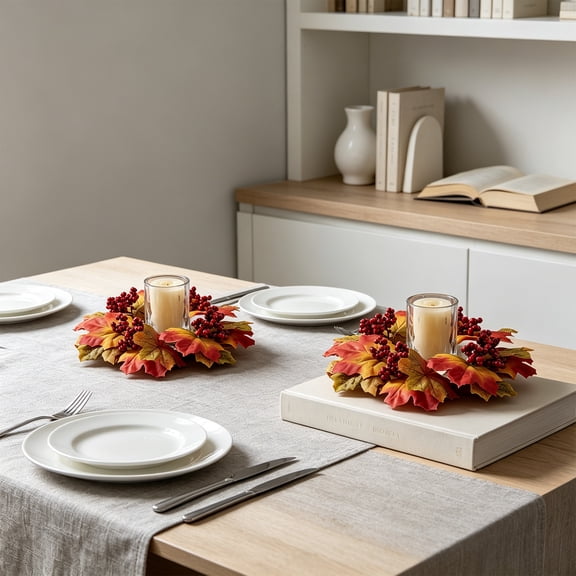 Fall Candle Ring, Thanksgiving Wreath for Candle Centerpieces, Sunflower Maple Leaf Candle Rings for Tabletop, Autumn Pumpkin Decor for Front Door Porch Mantel