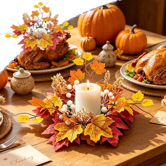 Fall Candle Ring, Thanksgiving Wreath for Candle Centerpieces, Sunflower Maple Leaf Candle Rings for Tabletop, Autumn Pumpkin Decor for Front Door Porch Mantel