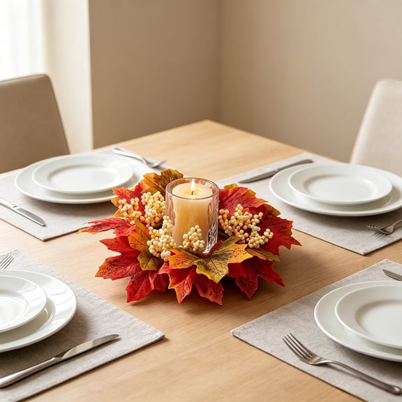 Fall Candle Ring, Thanksgiving Wreath for Candle Centerpieces, Sunflower Maple Leaf Candle Rings for Tabletop, Autumn Pumpkin Decor for Front Door Porch Mantel