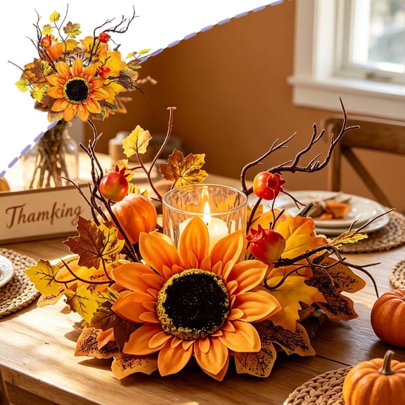 Fall Candle Ring Wreath, 11.81 Inch Sunflower Pumpkin Table Centerpiece for Thanksgiving Decor