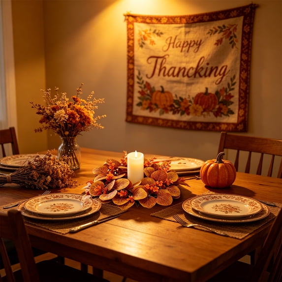 Fall Candle Ring Wreath, 9.84 In Maple Leaf Sunflower Table Decor for Halloween Thanksgiving, Style B