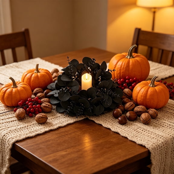 Fall Candle Ring Wreath, 9.84 In Maple Leaf Sunflower Table Decor for Halloween Thanksgiving, Style D
