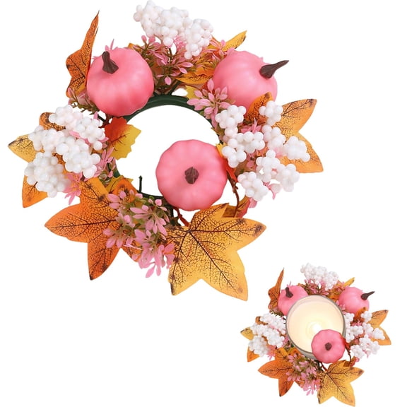 Fall Candle Ring Wreath Decor for Pillar Candles with Maple Leaves Pumpkin Pinecone Berries