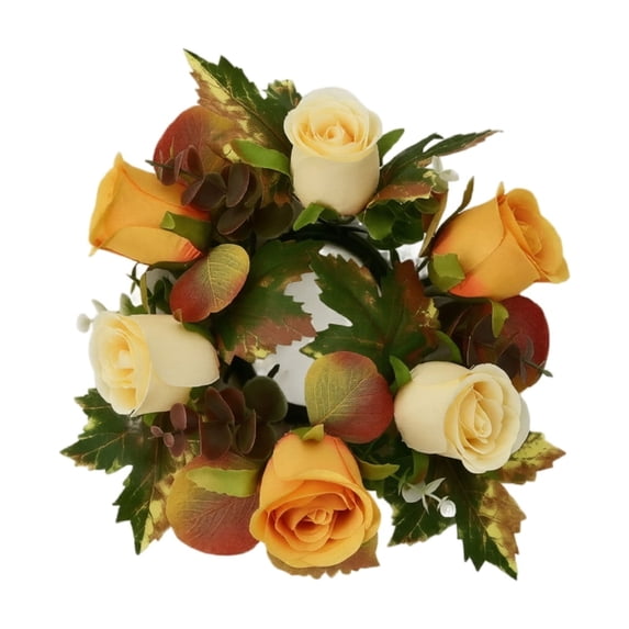 Fall Candle Ring Wreath Faux Rose Maple Leaf Artificial Flower Arrangement 4 Inch Autumn Harvest Tiered Tray Table Centerpiece Decor for Thanksgiving Halloween Home Party 4 Pack