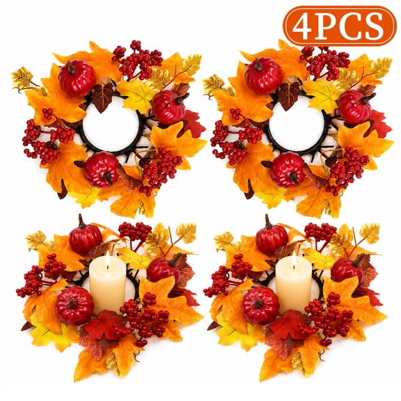 Fall Candle Rings 4 Pack, Mini Wreaths with Maple Leaves Pumpkins Berries for Thanksgiving Table Centerpiece Decor 4 Packs Burgundy Pumpkins Berries