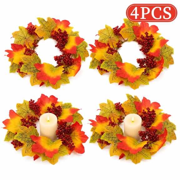 Fall Candle Rings 4 Pack, Mini Wreaths with Maple Leaves Pumpkins Berries for Thanksgiving Table Centerpiece Decor 4 Packs Maple Leaves Red Berries