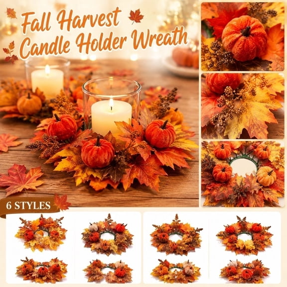 Fall Candle Rings, Candle Wreath Rings, Pumpkin Fall Wreaths, Fall Leaves Decor, 11 Inch 2 Pack with Velvet Pumpkins, Maple Leaves and Berry Accents for Seasonal Home Display