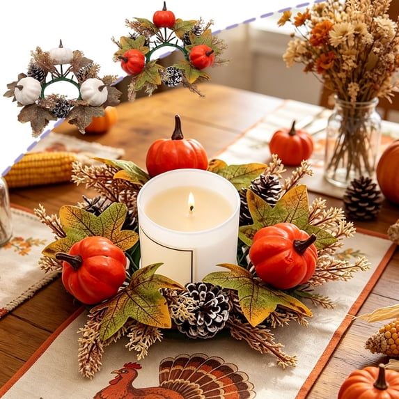 Fall Candle Rings Fall Decorations for Home Halloween Thanksgiving Decorations Artificial Pumpkin Maple Leaf Pinecone Candle Wreath for Desktop by MPOISVA