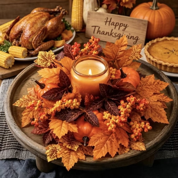 Fall Candle Rings Fall Decorations for Home Thanksgiving Decorations Artificial Maple Leaf Pumpkin Berry Candle Wreath for Table Centerpiece by MPOISVA