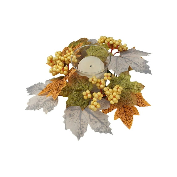 Fall Candle Rings Pumpkin Maple Leaf Berries Wreaths, 2.8 Inch Center Orange Artificial Sunflower Candle Ring Holder Mini Floral Wreath for Thanksgiving Autumn Harvest Table Decor (C)