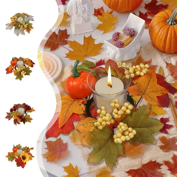 Fall Candle Rings Thanksgiving Candle Ring Halloween Candle Rings Faux Maple Leaf Wreath Thanksgiving Harvests Festival Pumpkin Berry Table Decoration Candlestick Wreath