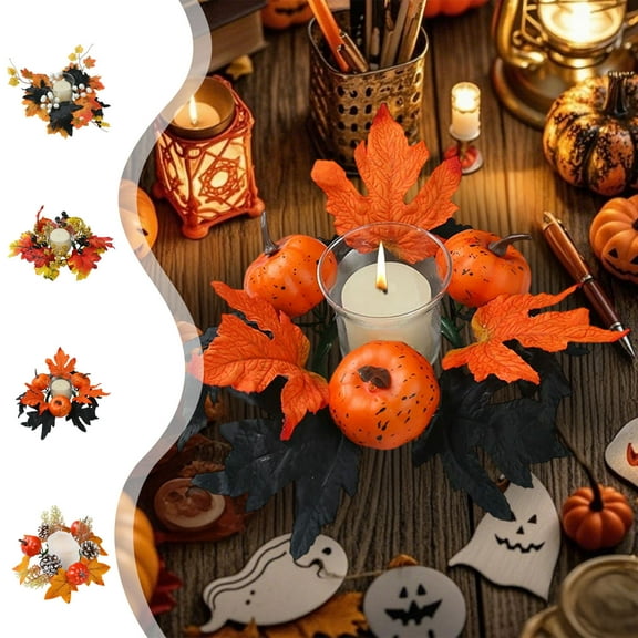 Fall Candle Rings Thanksgiving Candle Ring Halloween Candle Rings Thanksgiving Simulation Maple Leaf Candle Holders Wreath Halloween Decoration Ornament Plastic Table Candle Cup Wreath