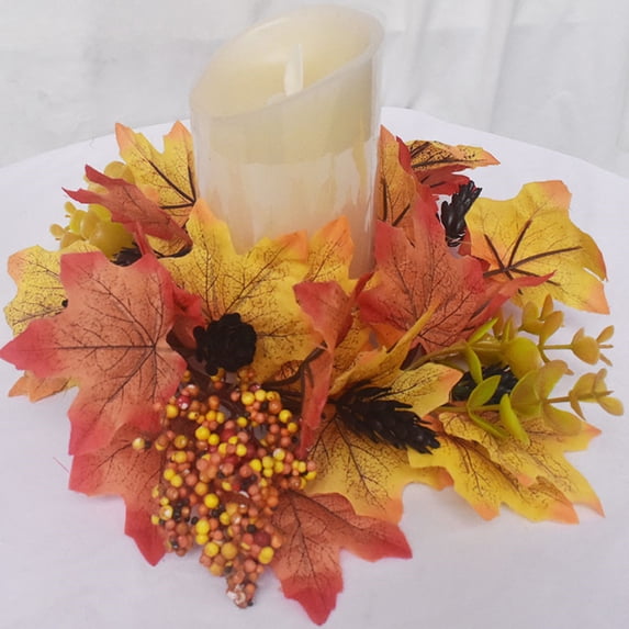 Fall Candle Rings Thanksgiving Day Candle Ring Candle Holder with Maple Leaves Wreath Mini Autumn Wreath Artificial Maple Leaves Candle Ring for Fall Home Table Decoration Centerpiece
