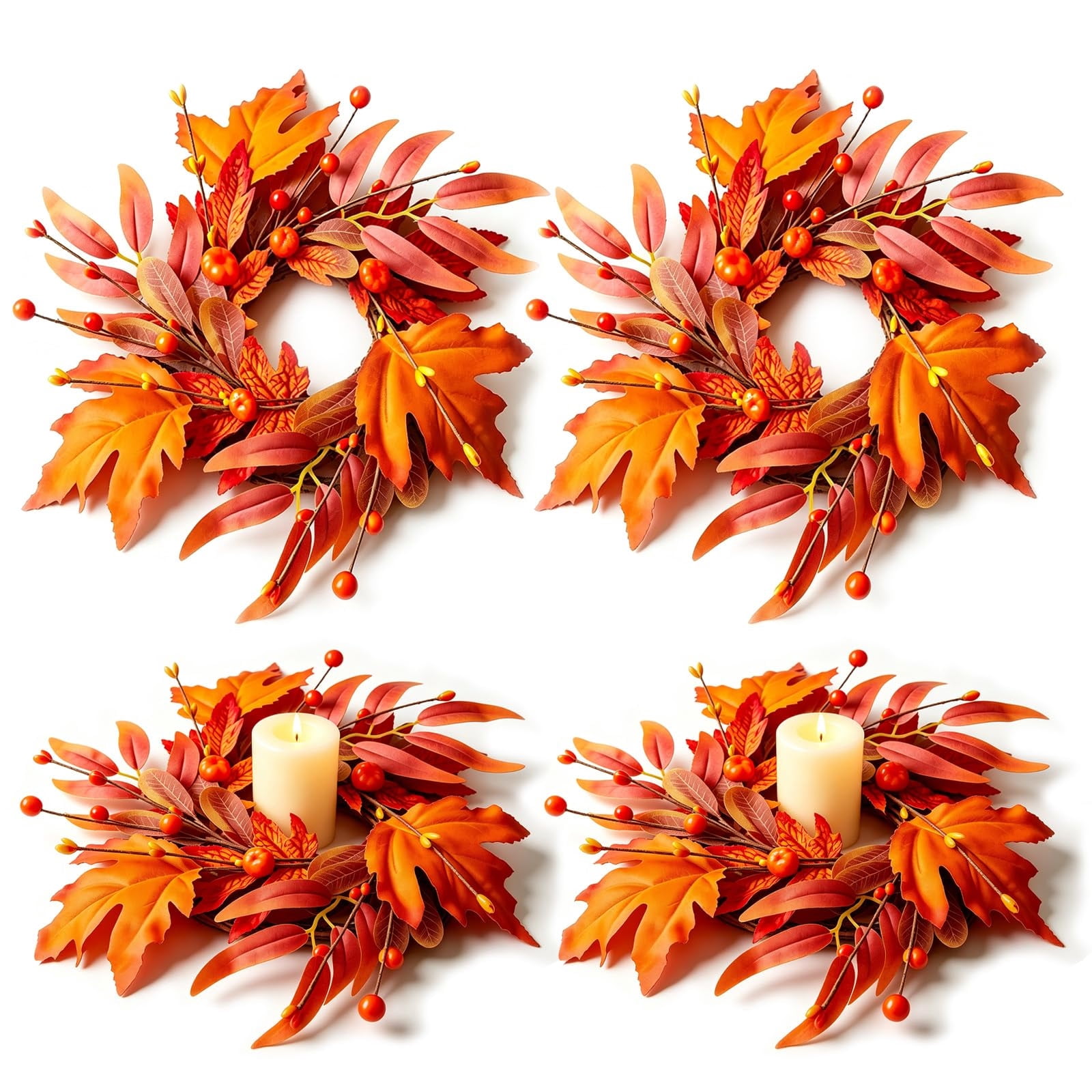 Six Pack Rigs Fall Candle Rings Wreaths 4 Pack Artificial Maple Leaves Berry Pillar ...