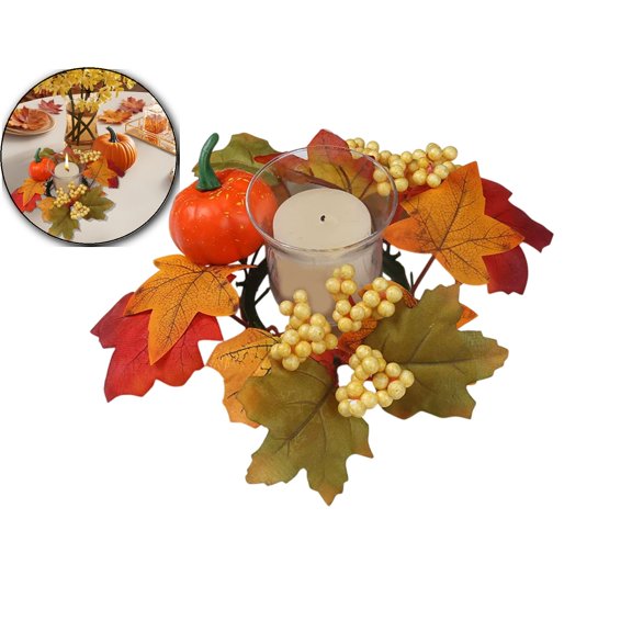 Fall Candle Rings Wreaths, 9.4 Inch Artificial Pumpkin Maple Leaves Candle Rings with Berries, Small Candle Wreaths,Thanksgiving Decorative Tealight Candle Rings