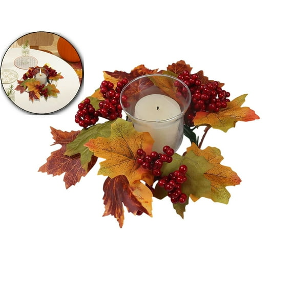Fall Candle Rings Wreaths, 9.4 Inch Artificial Pumpkin Maple Leaves Candle Rings with Berries, Small Candle Wreaths,Thanksgiving Decorative Tealight Candle Rings