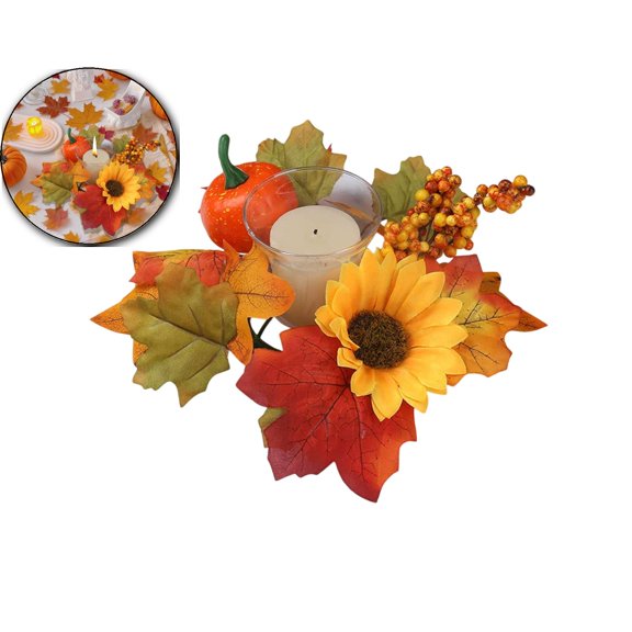 Fall Candle Rings Wreaths, 9.4 Inch Artificial Pumpkin Maple Leaves Candle Rings with Berries, Small Candle Wreaths,Thanksgiving Decorative Tealight Candle Rings