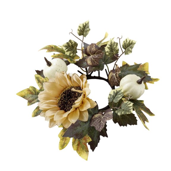 Fall Candle Rings Wreaths with Sunflower, Maple Leaves, and Pumpkin - 3 Inch Mini Autumn Table Centerpiece for Thanksgiving, Farmhouse, Wedding, Door, Tabletop Decor
