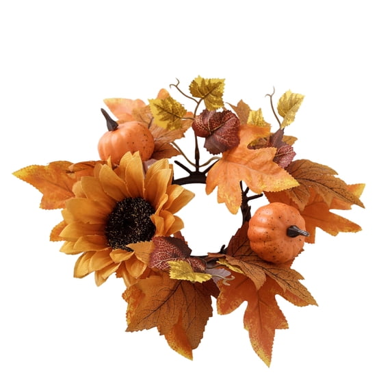 Fall Candle Rings Wreaths with Sunflower, Maple Leaves, and Pumpkin - 3 Inch Mini Autumn Table Centerpiece for Thanksgiving, Farmhouse, Wedding, Door, Tabletop Decor