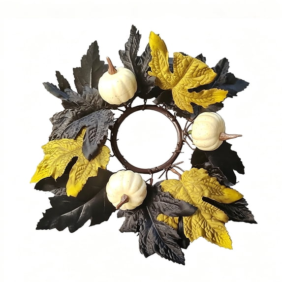 Fall Candle Rings Wreaths with White Pumpkin and Maple Leaves | 10 Inch Autumn Harvest Front Door Wreath, Thanksgiving Wall Hanging Decor, 1-Pack