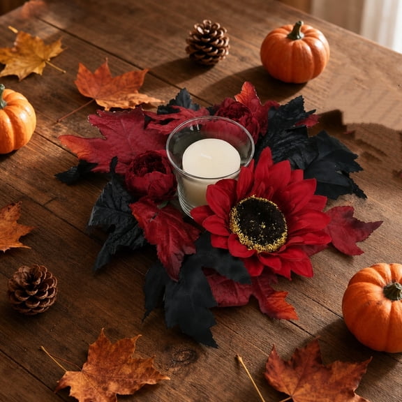 Fall Candle Rings for Pillars Maple Leaf Candle Rings Wreaths Small Pumpkin Wreath for Halloween Autumn Harvest Tabletop Home Decor