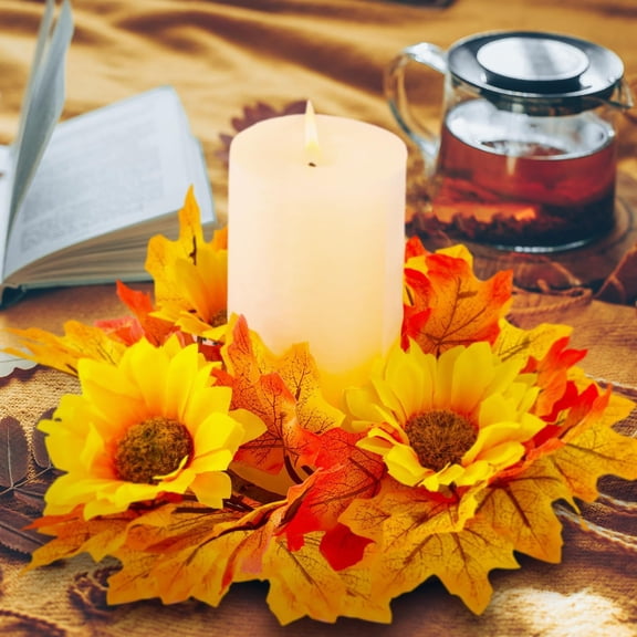Fall Candle Wreath Thanksgiving Artificial Sunflower and Maple Leaf Candle Ring, Yellow Plastic Fall Harvest Table Centerpiece Home Decor