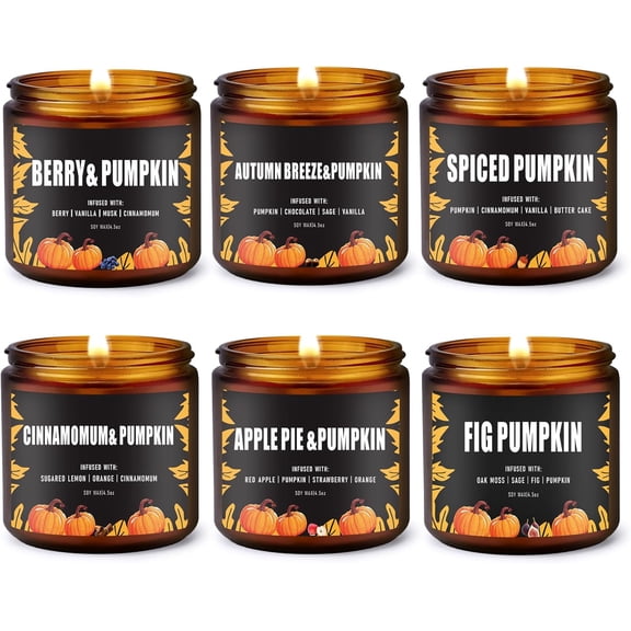 Fall Candles Set/6Pack Pumpkin Home Scented Candles for Decor,Halloween,Autumn Candle Scents of Berry,Sugar Lemon,Spiced Apple,Autumn’s Breeze,Cinnamon,FIG,Boo Baskets,Fall Scented Candle Clearance