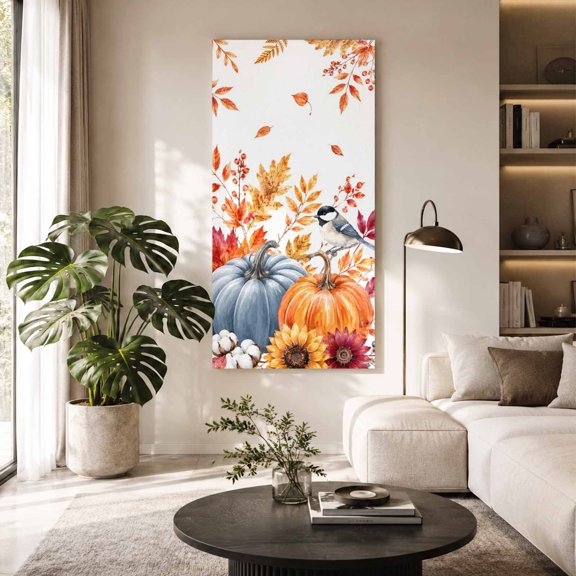 Fall Canvas Wall Art for Living Room, Orange Blue Harvest Pumpkins Maple Leaf Sunflower Bird Poster Print Painting for Bedroom Office Home Decoration Wall Pictures Prepare To Hang 20"x40"