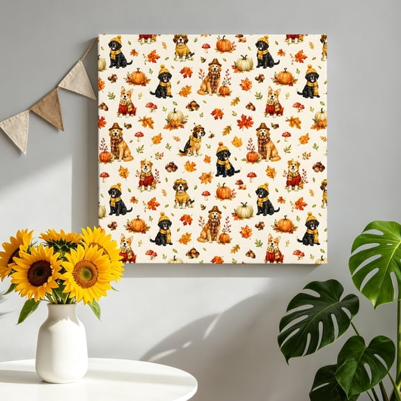 Fall Canvas Wall Art for Living Room, Rustic Golden Retriever Puppy Black Labrador Dog Pumpkin Leaf Poster Print Painting for Bedroom Office Home Decoration Wall Pictures Prepare To Hang 8"x8"