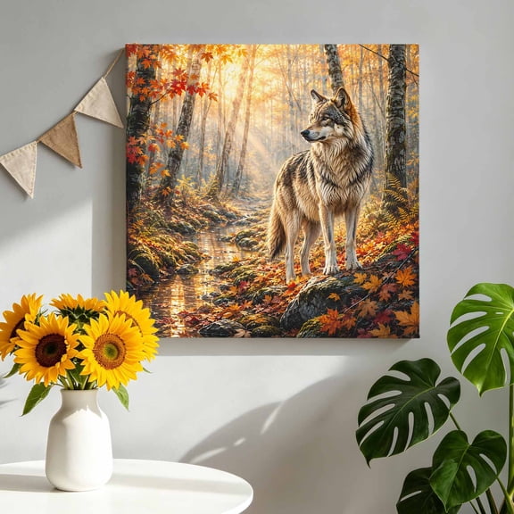 Fall Canvas Wall Art for Living Room, Timber Wolf Orange Maple Leaves Forest Creek Sunbeam Rustic Poster Print Painting for Bedroom Office Home Decoration Wall Pictures Prepare To Hang 8"x8"