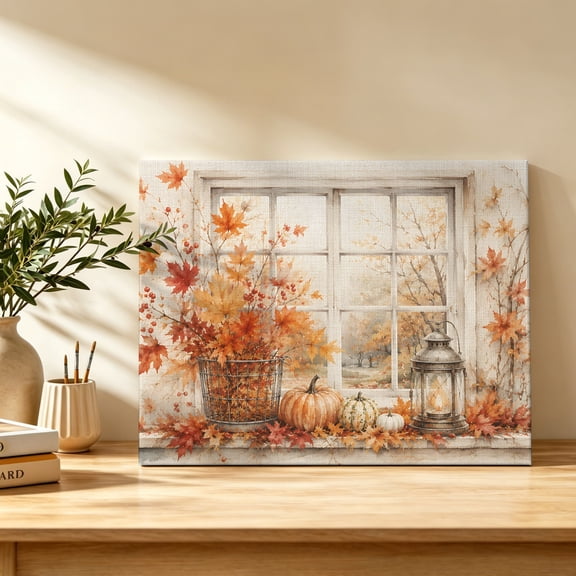 Fall Canvas Wall Art, Rustic Cottage Window Frame Orange Maple Foliage Pumpkin Wall Art Prints Artwork Framed Canvas Ready to Hang Art Pictures for Bathroom, Dressing Table, Entryway 12" x 8"