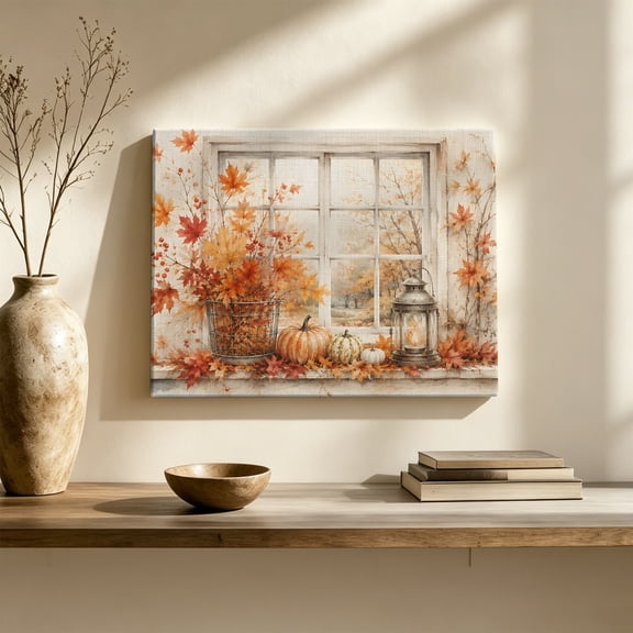 Fall Canvas Wall Art, Rustic Cottage Window Frame Orange Maple Foliage Pumpkin Wall Art Prints Artwork Framed Canvas Ready to Hang Art Pictures for Living Dining Room Bedroom Hallway 30" x 20"