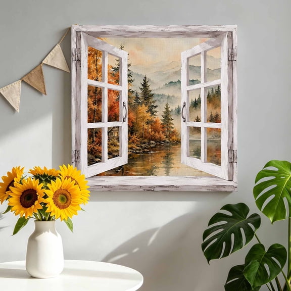 Fall Canvas Wall Art, Rustic Open Window Golden Green Pine Trees Forest Landscape Framed Picture Canvas Wall Art Print Decor Artwork Decorations for Living Room Bedroom Ready to Hang 10" x 10"