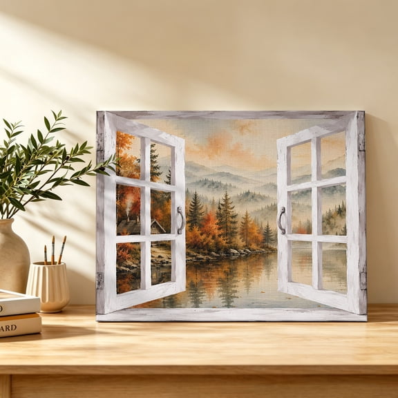 Fall Canvas Wall Art, Rustic Open Window Golden Green Pine Trees Forest Landscape Wall Art Prints Artwork Framed Canvas Ready to Hang Art Pictures for Bathroom Bedroom Entry Desk Corner 10" x 8"