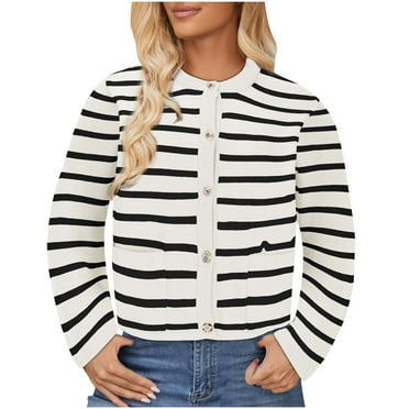 Fall Cardigan Sweaters for Women Open Front Button Down Cardigan Long Sleeve Crewneck Striped Cropped Sweater Jackets