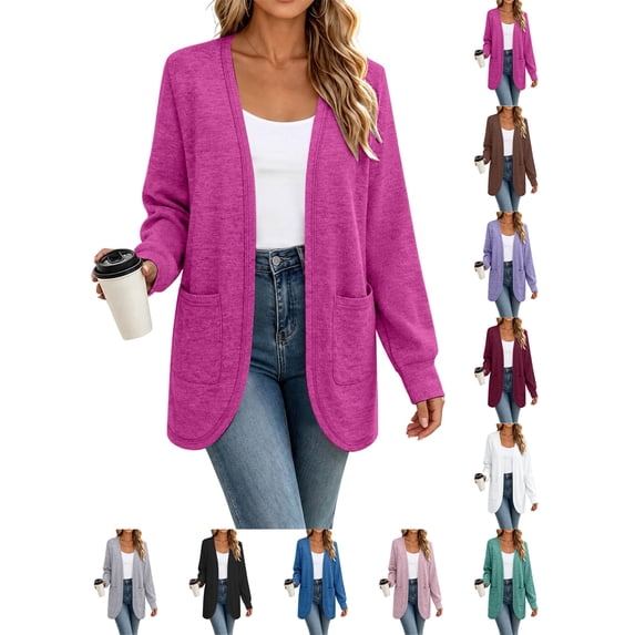 Fall Cardigans For Women Women Fashion Casual Solid Color Pocket Cardigan Long Length Long Sleeve Top Coat Hot Pink XXL