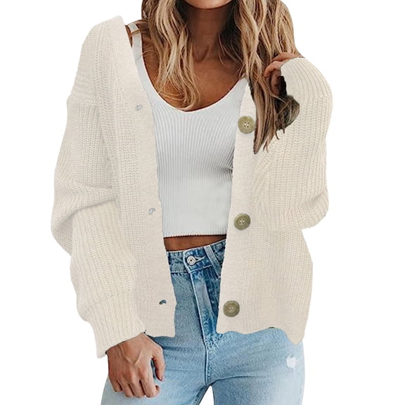 Fall Cardigans Women Knit Open Front Sweater Long Sleeve Button Loose Short Work Cardians