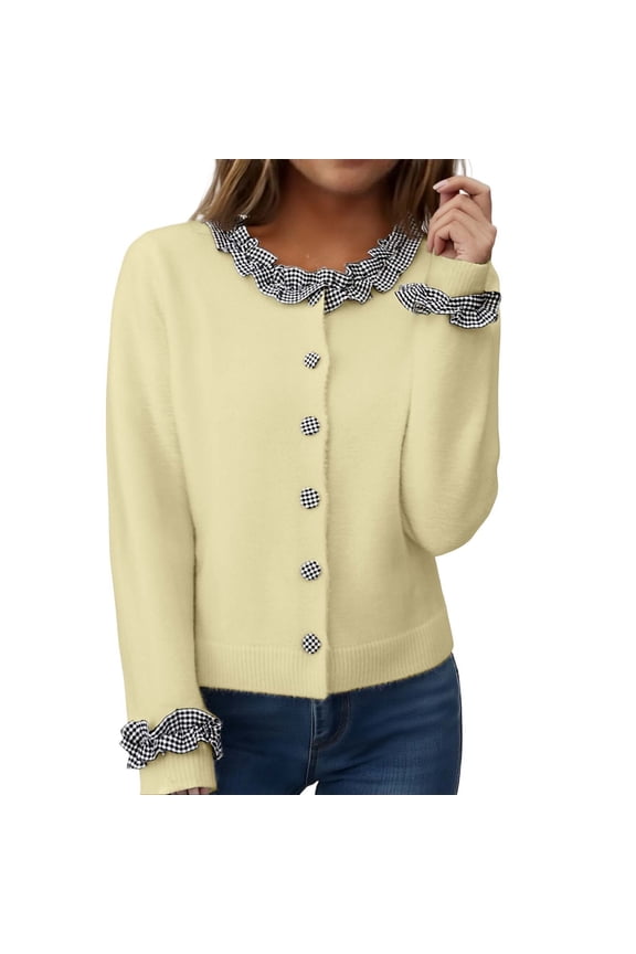 Fall Cardigans Women Plaid PatchKnit With Ruffle Collar Elegant Casual Sweater For Daily Outing Outerwear Coats