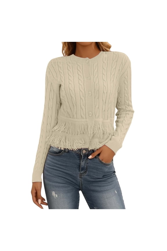 Fall Cardigans Women Ribbed Knitted With Fringe Solid Long Sleeve Crewneck Cropped Light Weight Cardigan