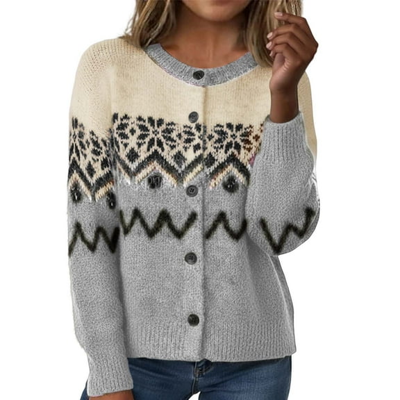 Fall Cardigans Women Snowflake Jacquard Knit Autumn Warm Yarn Sweater Light Weight Cardigan