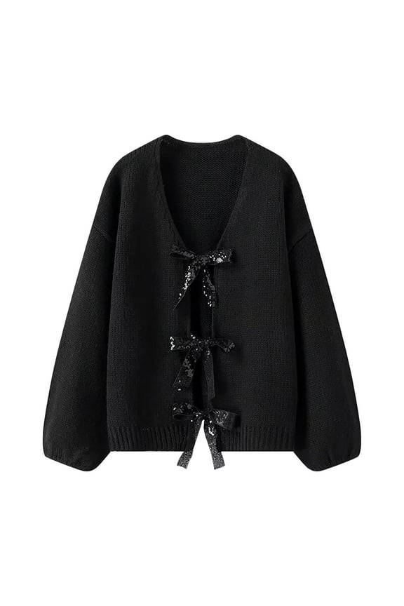 Fall Cardigans Women Sparkly Bow Tie Loose Knit Sweater For Shimmering Sequin Design Cozy d For Casual Wear Outerwear Coats